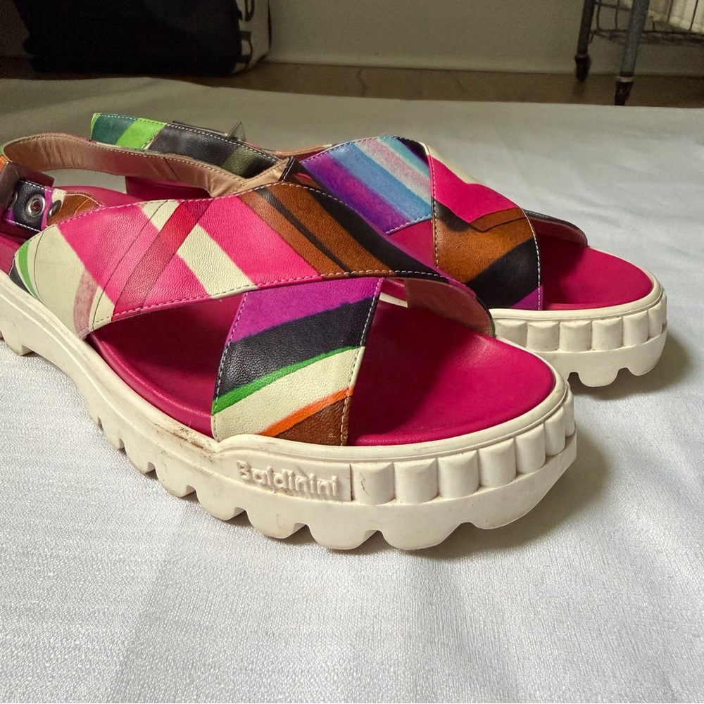 Baldinini 100% leather Italian colorful comfort flat sandals size 38.5 - Picture 2 of 6